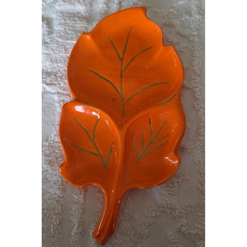 Vintage Orange Leaf Dish Divided Serving Tray Fall Decor Mid Century Candy Nut
